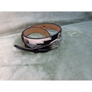 VTG Justin Black White Leather Belt Aztec Conchos Sz 32 Navajo Stitching 510BK